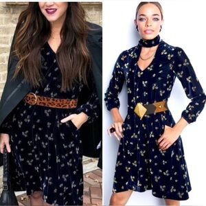 CABI blue velvet decked out floral dress size M NEW